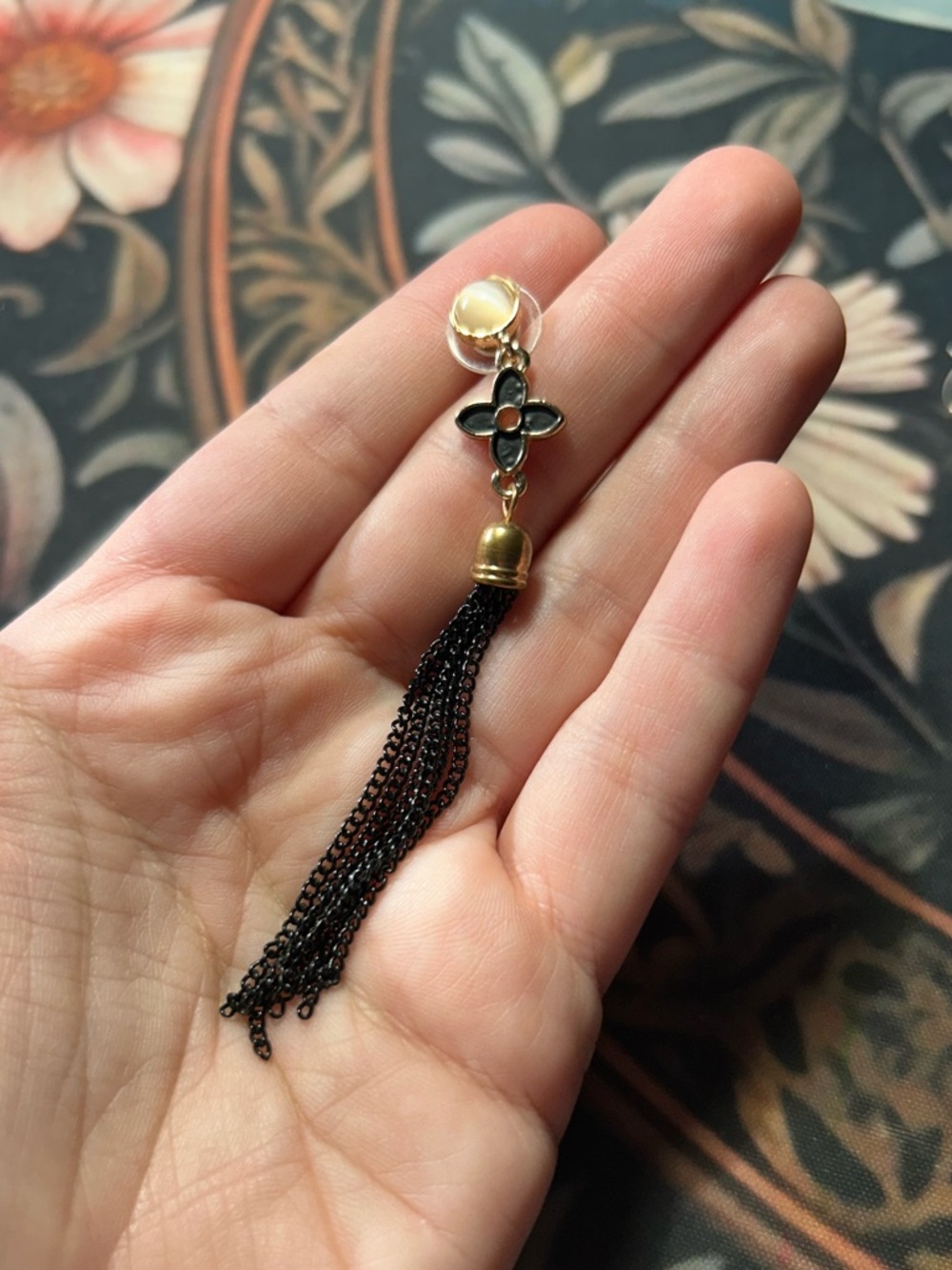 Black Tassel Drop Earrings Gold Tone Floral Dangle Boho Statement